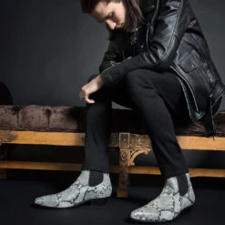 Addison – Grey Snakeskin (Size 10.5) -Straight To Hell Addison Mens Gray Snakeskin Chelea Boot