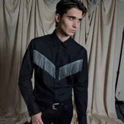 Around Town – Black And Grey Fringe Western Shirt -Straight To Hell Around Town Black Grey Mens Fringe Shirt