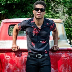 Band Of Roses – Black And Red Floral Print Shirt (Size XS, 4XL) -Straight To Hell Band Of Roses Mens Shirt scaled 1