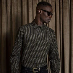 Break Foul – Black And Metallic Gold Striped Shirt (Size XS) 11 Break Foul – Black And Metallic Gold Striped Shirt (Size XS) -Straight To Hell Break Foul Mens Shirt