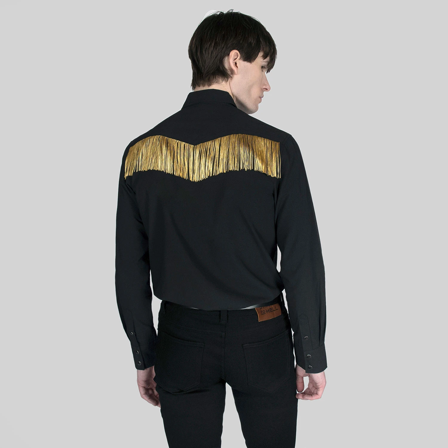 Around Town – Black And Gold Fringe Western Shirt 6 Around Town – Black And Gold Fringe Western Shirt - Image 6