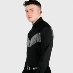 Around Town – Black And Grey Fringe Western Shirt -Straight To Hell aro tow blk gry men w 2