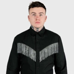 Around Town – Black And Grey Fringe Western Shirt -Straight To Hell aro tow blk gry men w 3