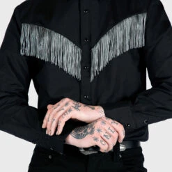 Around Town – Black And Grey Fringe Western Shirt -Straight To Hell aro tow blk gry men w 5