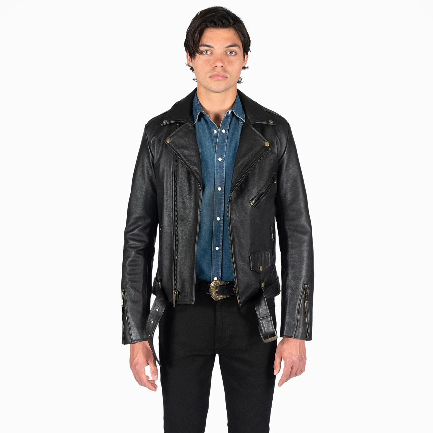 Commando Long – For Tall Men – Black And Brass Leather Jacket (Size 38, 40, 44, 46, 48) 2 Commando Long – For Tall Men – Black And Brass Leather Jacket (Size 38, 40, 44, 46, 48) - Image 2