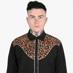 Crazy Heart – Black And Leopard Print Western Shirt (Size S, M) -Straight To Hell cra hea blk leo men w 3