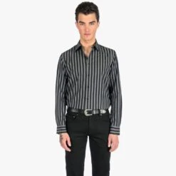 Dragging The Line – Grey And Black Striped Shirt (Size XS, S, M, L, XL, 3XL, 4XL) -Straight To Hell dra lin gry blk w 2