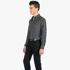 Dragging The Line – Grey And Black Striped Shirt (Size XS, S, M, L, XL, 3XL, 4XL) -Straight To Hell dra lin gry blk w 3