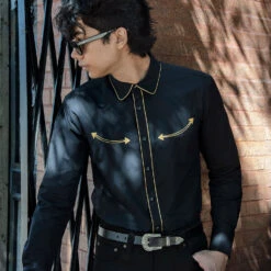 Long Gone – Black And Gold Western Shirt -Straight To Hell lon gon blk gol lif 1