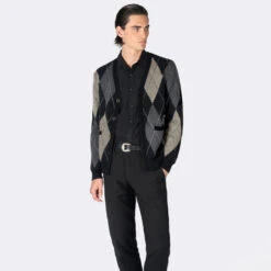 Miles – Argyle Cardigan Sweater 11 Miles – Argyle Cardigan Sweater -Straight To Hell mil blk gry w 4