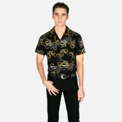 Snake Dance Blues – Black And Grey Snake Motif Print Shirt (Size XS, S, M, L, XL, 2XL, 3XL) -Straight To Hell sna dan blu blk gry men w 3