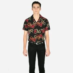 Snake Dance Blues – Black And Red Snake Motif Print Shirt (Size XS, S, M, XL, 2XL, 4XL) -Straight To Hell sna dan blu blk red men w 3