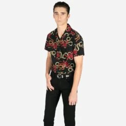 Snake Dance Blues – Black And Red Snake Motif Print Shirt (Size XS, S, M, XL, 2XL, 4XL) -Straight To Hell sna dan blu blk red men w 4