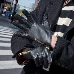 Throttle – Black And Gold Leather Zip Gloves -Straight To Hell thr gol men thumb