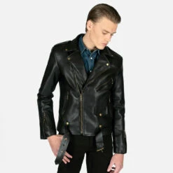 Vegan Commando – Black And Brass Faux Leather Jacket -Straight To Hell veg com blk bra sthvl men w 28