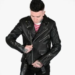 Vegan Commando – Black And Nickel Faux Leather Jacket -Straight To Hell veg com blk nic men sthvl w 5