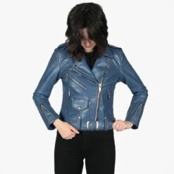 Vegan Commando – Blue And Nickel Faux Leather Jacket (Size S, M, L, XL, 2XL, 3XL, 4XL, 5XL) -Straight To Hell veg com blu nic sthvl wom w 5