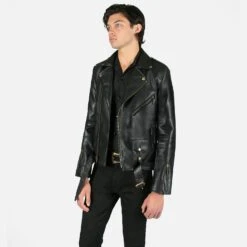 Vegan Commando Long – For Tall Men – Black And Nickel Faux Leather Jacket -Straight To Hell veg com lon blk nic sthvl w 10