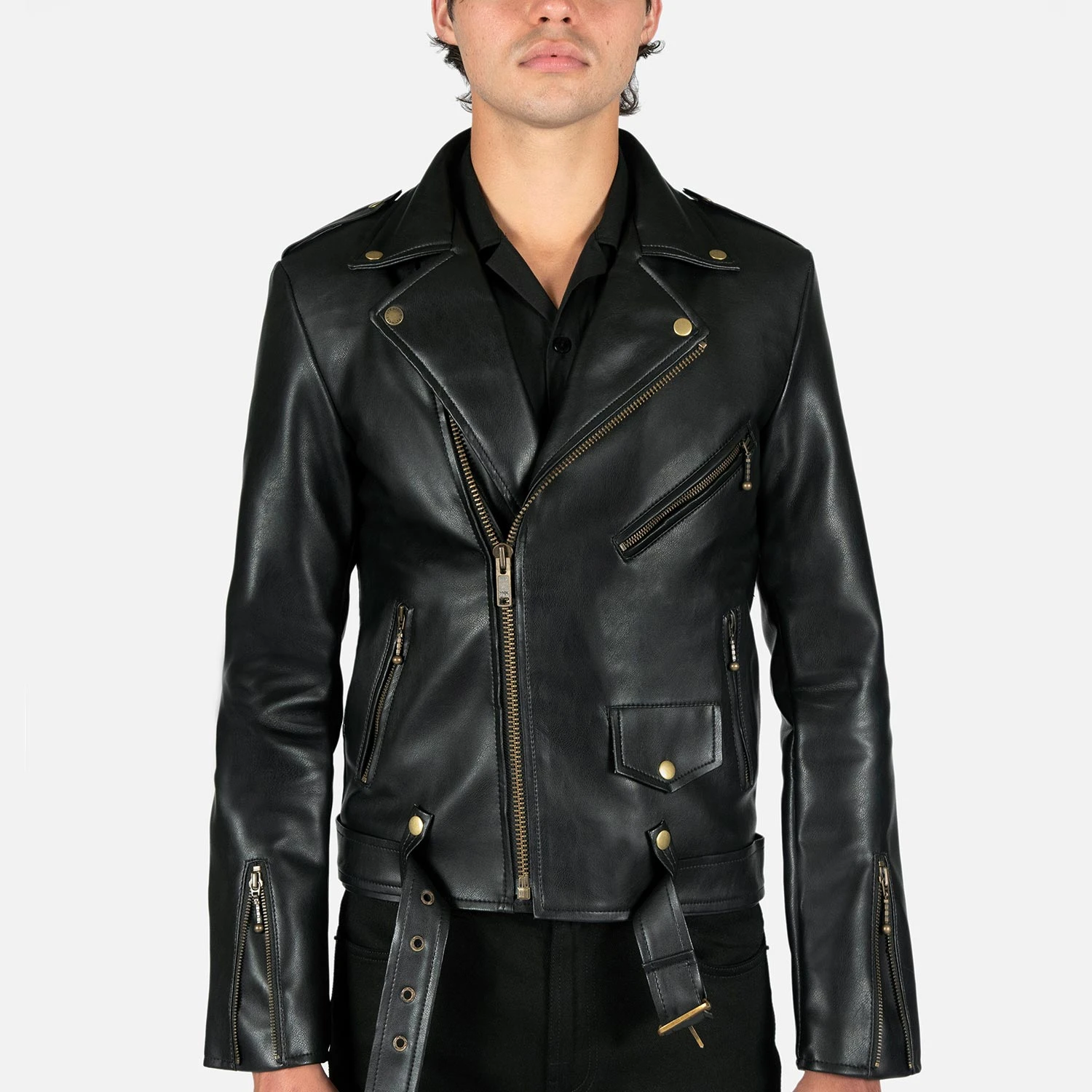 Vegan Commando Long – For Tall Men – Black And Brass Faux Leather Jacket 6 Vegan Commando Long – For Tall Men – Black And Brass Faux Leather Jacket - Image 6