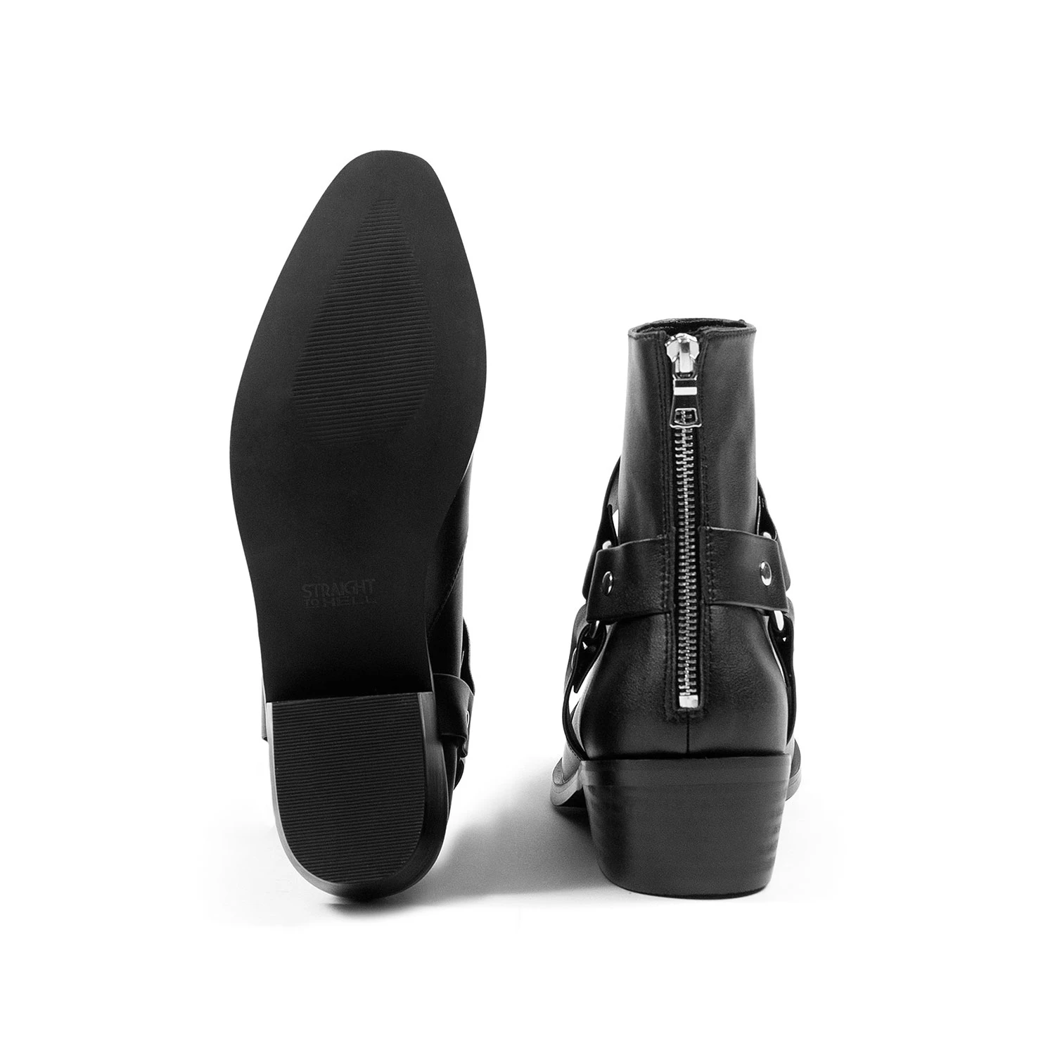 Vegan Libertine – Black And Nickel Faux Leather Harness Boots (Size 14) 5 Vegan Libertine – Black And Nickel Faux Leather Harness Boots (Size 14) - Image 5