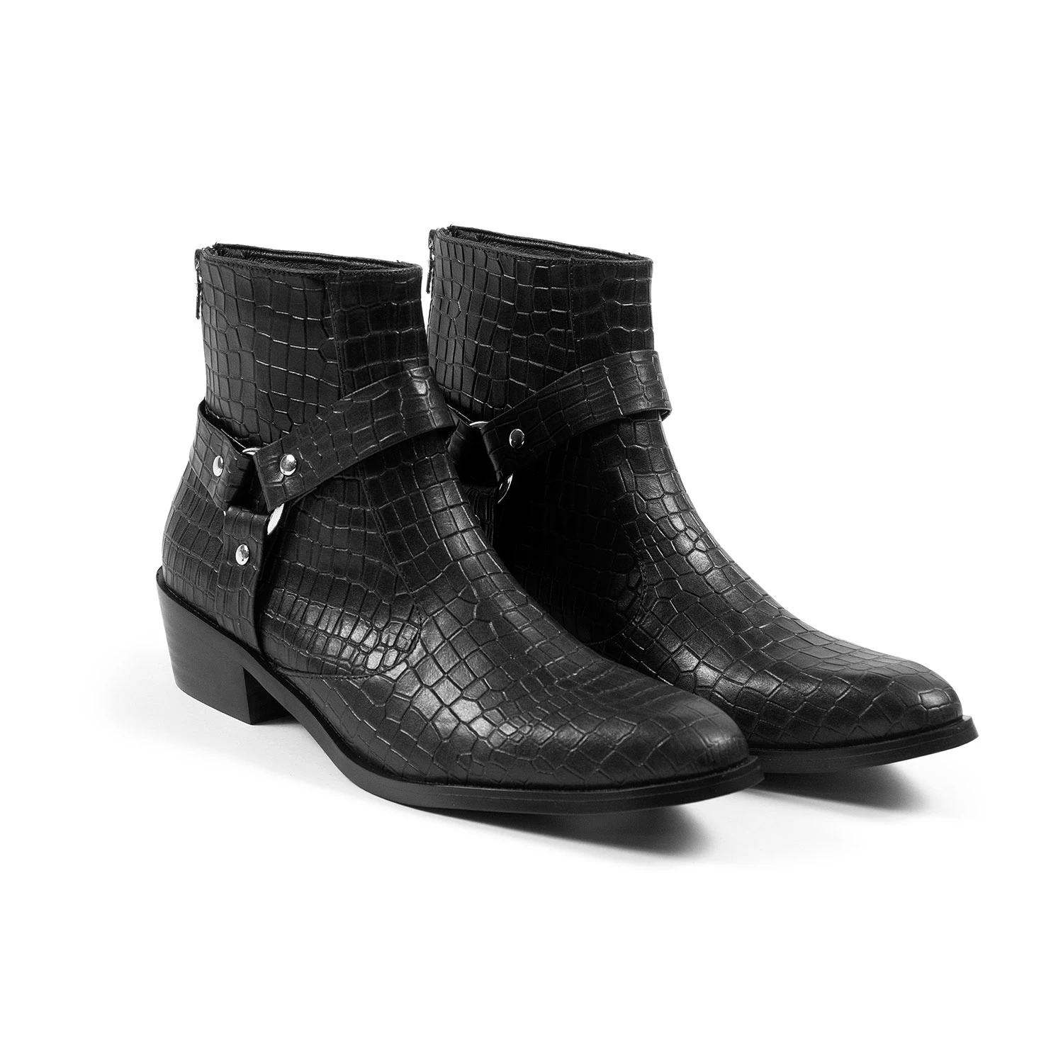 Vegan Libertine – Black Snakeskin Faux Leather Harness Boots (Size 7.5, 8) 3 Vegan Libertine – Black Snakeskin Faux Leather Harness Boots (Size 7.5, 8) - Image 3